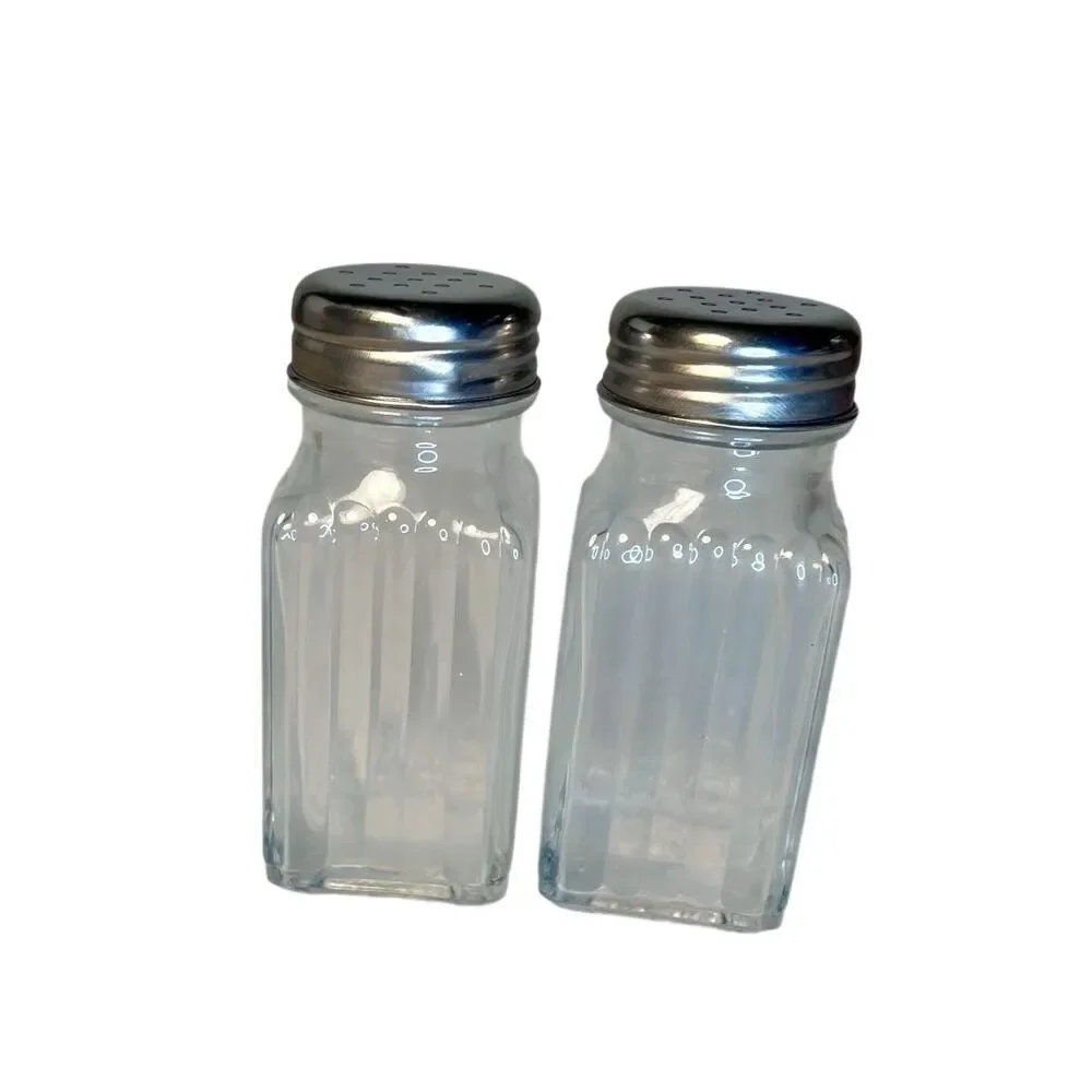 Vintage SQUARE Ribbed Clear Glass SALT and PEPPER Shaker Set - With Metal Lids